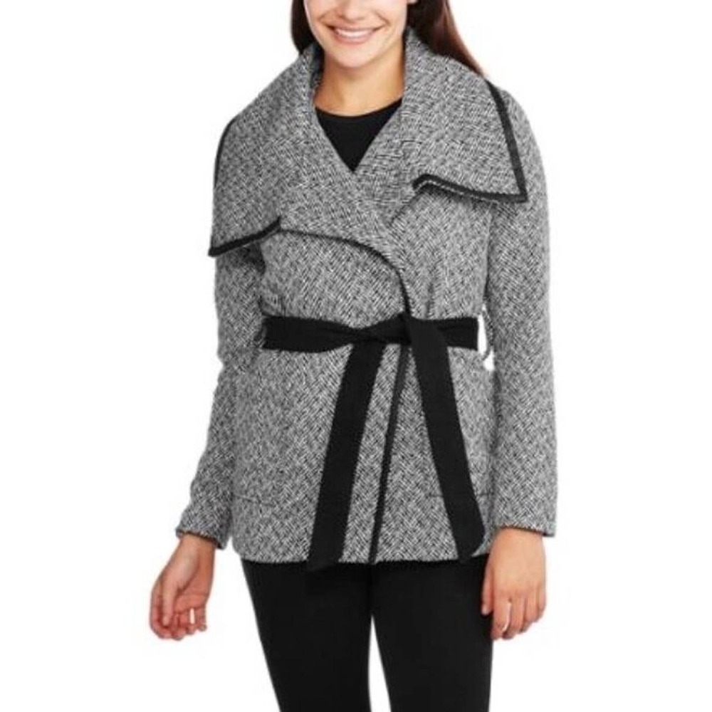 NEW Womens Black White Herringbone Belted Wrap Faux Wool Coat Shawl Collar L